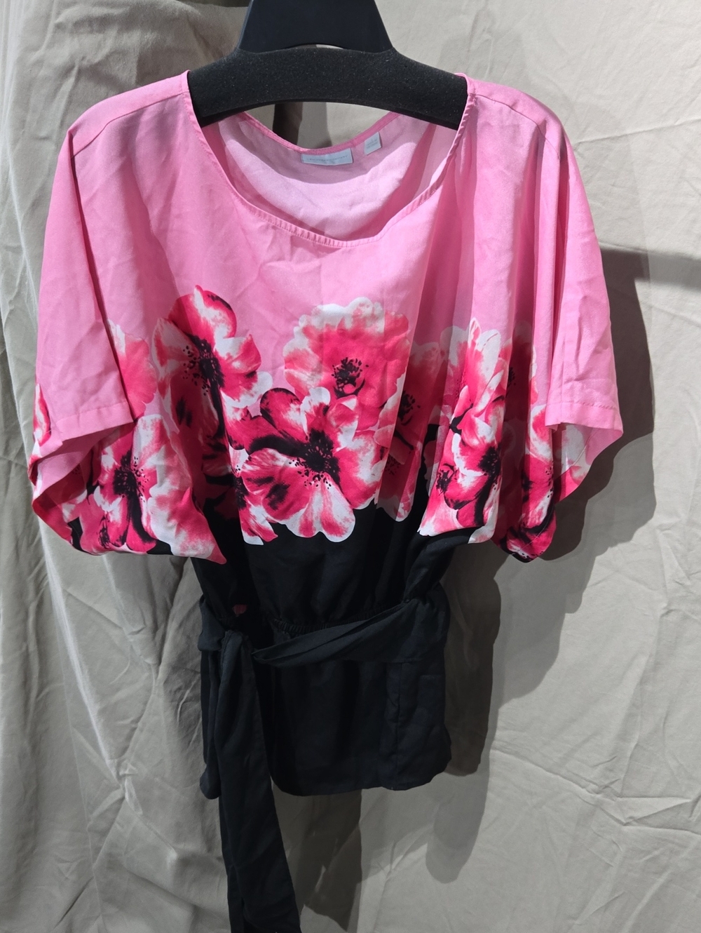 New York & Company Pink Floral Blouse with Black Waist Tie